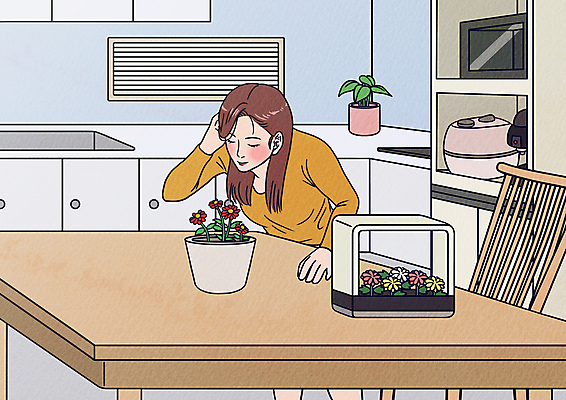 PSD 여자 꽃 화분 의자 일러스트 식탁 한명 상반신 성인 주방 눈감음 향기 성인여자한명만 플랜테리어 홈가드닝 반려식물 국내일러스트 식물 1 가구 모션 탁자 사람 인테리어 원예 냄새 여자한명만 성인여자만 파일형식