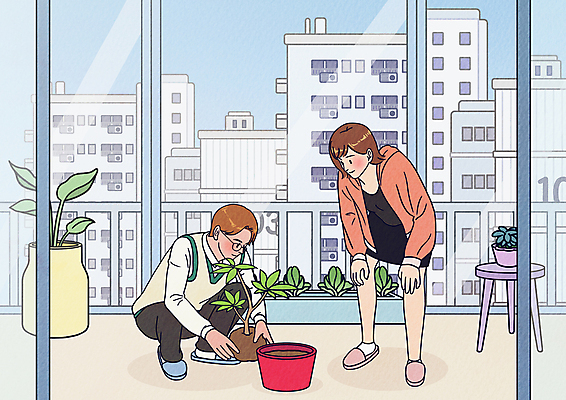 전신 PSD 식물 여자 남자 화분 일러스트 창문 아파트 서기 들기 성인 두명 발코니 웅크림 분갈이 화분갈이 성인만 플랜테리어 홈가드닝 반려식물 국내일러스트 모션 주택 사람 인테리어 원예 파일형식