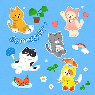 PSD 식물 꽃 화분 음료 무지개 스티커 여러마리 일러스트 우산 잔 수박 들기 사람없음 여름 파란색 세트 눕기 새싹 고양이 마시기 하트 부채 우비 수영모 고양이캐릭터 수박조각 국내일러스트 자연요소 모양 식기 옷 계절 컬러 조각 동물캐릭터 다수 과일 포유류 모션 반려동물 수영용품 파일형식