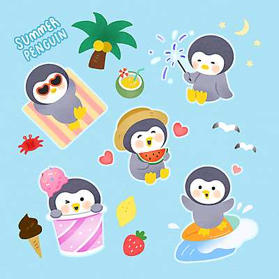 PSD 별 하늘색 스티커 여러마리 일러스트 갈매기 딸기 수박 폭죽 들기 사람없음 여름 세트 선글라스 야자수 눕기 꽃게 달 하트 서핑보드 서핑 먹기 레몬 펭귄 밀짚모자 코코넛 펭귄캐릭터 콘아이스크림 비치타올 국내일러스트 자연요소 모양 나무 모자_잡화 계절 안경 동물캐릭터 다수 과일 모션 조류 아이스크림 파란색 수건 게 수상스포츠 보드_스포츠 파일형식