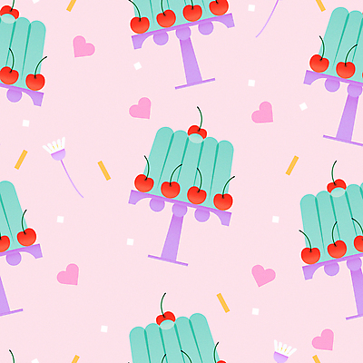 꽃 분홍색 패턴 일러스트 디저트 사람없음 여름 케이크 패턴백그라운드 하트 체리 받침대 젤리 민트색 케이크스탠드 국내일러스트 AI파일 모양 식물 계절 음식 컬러 백그라운드 무늬 과일 파일형식 벡터