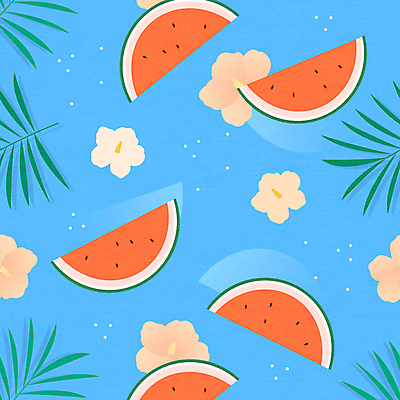 하늘색 패턴 일러스트 수박 사람없음 여름 패턴백그라운드 야자수잎 수박씨 하와이무궁화 국내일러스트 AI파일 계절 꽃 백그라운드 잎 무늬 과일 씨앗 파란색 파일형식 벡터