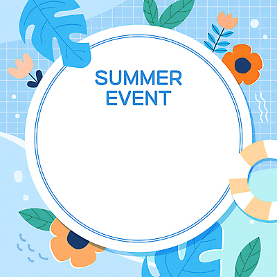 꽃 일러스트 프레임 수영장 이벤트 사람없음 여름 파란색 풀장 튜브 원형프레임 야자수잎 열대잎 카피스페이스 국내일러스트 AI파일 식물 계절 컬러 잎 공백 원형 파일형식 벡터