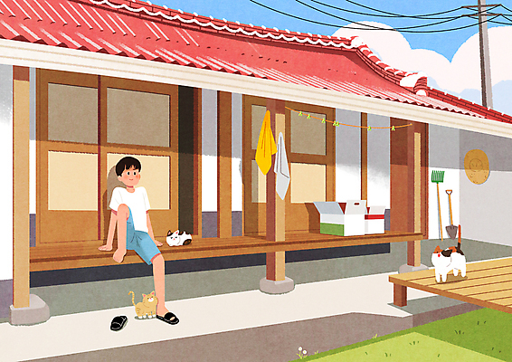 전신 PSD 구름 남자 일러스트 하늘 휴식 세마리 한명 앉기 성인 여름 상자 고양이 시골 빨랫줄 그늘 시골집 전봇대 평상 툇마루 성인남자한명만 반려묘 국내일러스트 자연요소 1 계절 공공시설 줄 컨셉 포유류 모션 주택 3 사람 반려동물 마루_인테리어 남자한명만 성인남자만 파일형식