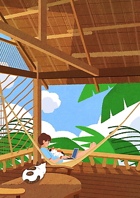 전신 PSD 구름 남자 두마리 일러스트 휴가 휴식 한명 성인 노트북 눕기 갈색 고양이 동남아시아 원두막 나무집 해먹 열대잎 성인남자한명만 반려묘 국내일러스트 자연요소 1 아시아 컬러 컨셉 잎 2 포유류 모션 주택 사람 전자제품 반려동물 침대 남자한명만 성인남자만 파일형식