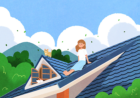 전신 PSD 나무 여자 잎 두마리 일러스트 창문 지붕 바람 휴식 나뭇잎 산 한명 앉기 성인 파란색 눈감음 고양이 성인여자한명만 반려묘 국내일러스트 자연요소 식물 1 컬러 컨셉 2 포유류 모션 날씨 사람 반려동물 여자한명만 성인여자만 파일형식