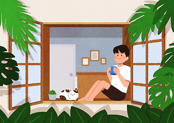 전신 PSD 한마리 남자 화분 커피 일러스트 창문 휴식 한명 들기 앉기 성인 컵 고양이 기댐 창가 창틀 야자수잎 성인남자한명만 반려묘 국내일러스트 1 식기 음료 컨셉 잎 포유류 모션 사람 반려동물 남자한명만 성인남자만 파일형식