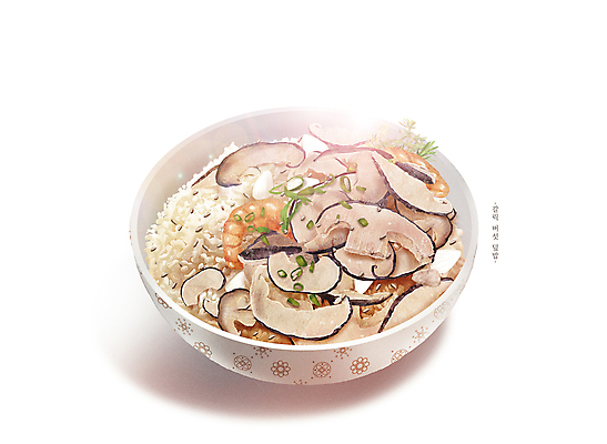 PSD 그릇 채소 일러스트 새우 마늘 사람없음 버섯 깨소금 버섯덮밥 국내일러스트 식기 식재료 갑각류 덮밥 파일형식