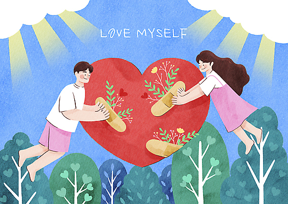전신 PSD 나무 식물 구름 여자 남자 꽃 잎 일러스트 건강 성인 두명 치료 파란색 빛 햇빛 하트 마음 반창고 힐링 붙이기 자아 성인만 자기애 마음건강 국내일러스트 자연요소 모양 컬러 의학 모션 사랑 사람 태양 의료용품 파일형식