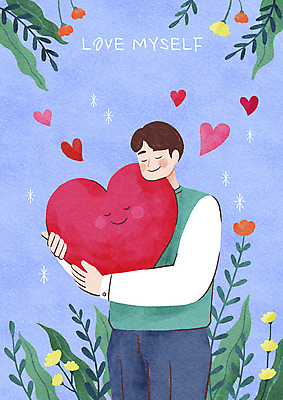 PSD 남자 꽃 잎 일러스트 안기 포옹 건강 한명 들기 상반신 성인 파란색 눈감음 하트 마음 힐링 위로 성인남자한명만 자기애 마음건강 국내일러스트 모양 식물 1 컬러 모션 사랑 사람 남자한명만 성인남자만 파일형식