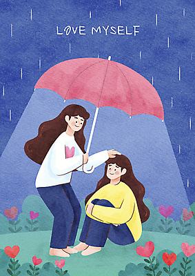 전신 PSD 여자 꽃 일러스트 우산 건강 서기 들기 성인 두명 파란색 하트 마음 비 야간 눈물 웅크림 위로 하트꽃 성인여자만 쓰다듬기 자기애 마음건강 국내일러스트 자연요소 모양 식물 감정 컬러 모션 날씨 사랑 사람 여자만 성인만 파일형식