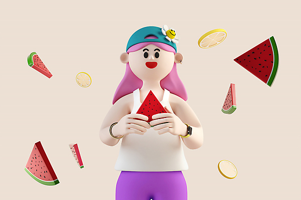 PSD 편집 편집이미지 여자 수박 3D캐릭터 한명 들기 상반신 성인 여름 3D 먹기 레몬 디지털합성 수박조각 성인여자한명만 편집소스 월간캐릭터 그레이스 편집3D 캐릭터 1 계절 조각 과일 모션 사람 여자한명만 성인여자만 파일형식
