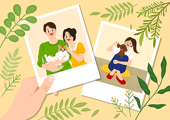 전신 PSD 손 여자 남자 행복 반려견 잎 두마리 일러스트 가족 안기 함께함 웃음 앉기 상반신 성인 신체부위 세명 반려동물 노란색 고양이 잡기 풀 강아지 추억 폴라로이드사진 성인만 들어올리기 반려묘 국내일러스트 식물 동물 감정 컬러 컨셉 2 포유류 관계 모션 표정 사람 개 폴라로이드 파일형식