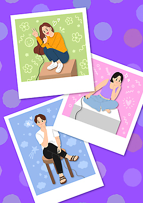 전신 PSD 여자 남자 의자 일러스트 들기 앉기 성인 세명 보라색 사진촬영 턱괴기 다리꼬기 추억 셀프카메라 브이 폴라로이드사진 개성 웅크림 성인만 MZ세대 셀프스튜디오 국내일러스트 컬러 가구 컨셉 모션 스튜디오 사람 손짓 촬영 폴라로이드 세대 사진관 파일형식