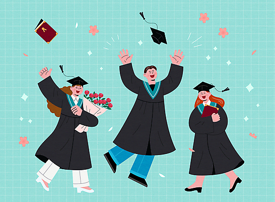 전신 여자 남자 꽃 대학생 꽃다발 하늘색 일러스트 학사모 졸업 졸업식 들기 성인 세명 점프 축하 졸업가운 던지기 졸업장 성인만 국내일러스트 AI파일 식물 모자_잡화 학생 교육 컨셉 모션 사람 파란색 가운 파일형식 벡터