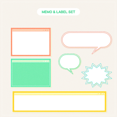 디자인 점선 말풍선 스티커 일러스트 프레임 사람없음 초록색 세트 라벨 사각형 다이어리 주황색 메모지 심플 인터넷창 파스텔톤 다꾸 국내일러스트 AI파일 도형 선 컬러 인터넷 사무용품 신조어 약어 파일형식 벡터