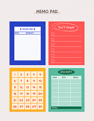 일러스트 프레임 사람없음 빨간색 초록색 파란색 세트 숫자 노란색 다이어리 줄무늬 달력 메모지 심플 격자 가계부 리스트 체크리스트 다꾸 국내일러스트 AI파일 문자 컬러 무늬 사무용품 신조어 약어 파일형식 벡터