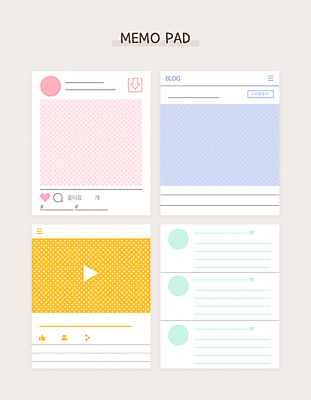 분홍색 하늘색 일러스트 프레임 사람없음 세트 노란색 다이어리 하트 메모지 댓글 공유 동영상창 민트색 블로그 소셜네트워크 다꾸 국내일러스트 AI파일 모양 컬러 파란색 사무용품 신조어 동영상 약어 파일형식 벡터