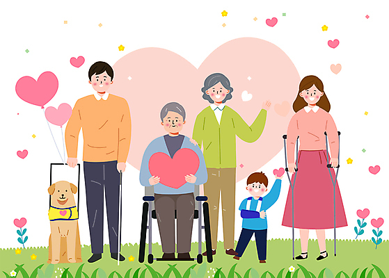 전신 여자 노년 남자 어린이 분홍색 일러스트 서기 들기 앉기 소년 여러명 성인 하트 잡기 장애인 복지 휠체어 목발 깁스 안내견 장애인복지 국내일러스트 AI파일 모양 컬러 다수 의료기기 모션 사람 의료용품 개 사회이슈 장애 파일형식 벡터