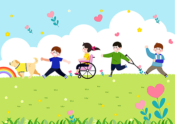 전신 한마리 여자 남자 어린이 하늘색 일러스트 앉기 소녀 소년 초원 여러명 초록색 달리기 하트 승차 장애인 복지 휠체어 목발 깁스 안내견 의족 어린이만 장애인복지 국내일러스트 AI파일 모양 1 컬러 다수 의료기기 모션 사람 파란색 의료용품 개 사회이슈 장애 파일형식 벡터