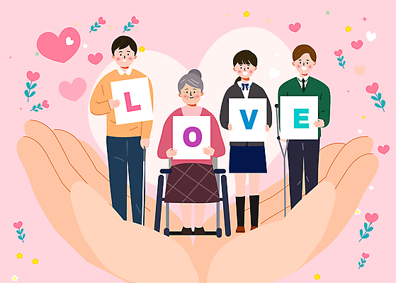 전신 손 여자 노년 남자 분홍색 일러스트 청소년 사랑 들기 앉기 여러명 상반신 성인 신체부위 팻말 하트 장애인 휠체어 목발 흰지팡이 장애인복지 국내일러스트 AI파일 모양 감정 컬러 다수 의료기기 모션 지팡이 프레임 사람 복지 장애 파일형식 벡터