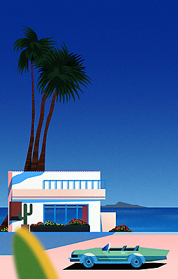 바다 일러스트 자동차 하늘 선인장 사람없음 건물 파란색 야자수 상점 서핑보드 오픈카 심플 화단 국내일러스트 AI파일 나무 식물 건축물 육상교통 컬러 승용차 보드_스포츠 파일형식 벡터