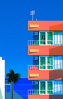 바다 일러스트 창문 선인장 아파트 안테나 그림자 풍경 사람없음 건물 파란색 야자수 주황색 발코니 심플 실외기 국내일러스트 AI파일 나무 식물 건축물 컬러 통신 주택 파일형식 벡터