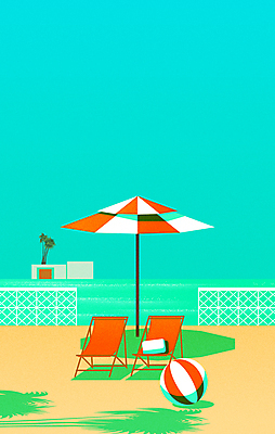 바다 일러스트 그림자 해변 사람없음 야자수 파라솔 비치볼 선베드 심플 민트색 안전망 국내일러스트 AI파일 나무 컬러 의자 공 바캉스용품 안전장비 파일형식 벡터