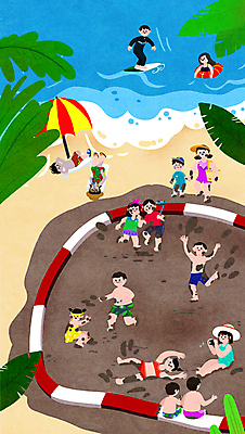 PSD 여자 남자 수영복 어린이 파도 일러스트 가족 휴식 들기 사람 앉기 소녀 소년 여러명 성인 해변 여름 모래사장 눕기 사진촬영 수영 파라솔 서핑 즐거움 튜브 야자수잎 셀카봉 머드축제 국내일러스트 옷 계절 감정 바다 다수 컨셉 잎 관계 모션 촬영 축제 수상스포츠 파일형식