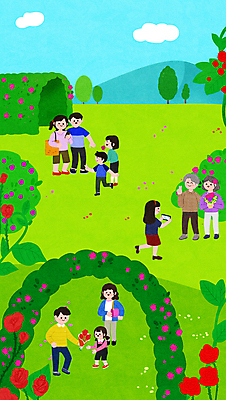 PSD 구름 여자 노년 남자 어린이 꽃다발 일러스트 가족 하늘 들기 사람 소녀 소년 여러명 성인 초록색 스마트폰 장미 소풍 사진촬영 풀 숲 장미축제 국내일러스트 자연요소 식물 꽃 컬러 다수 관계 모션 핸드폰 스마트기기 야외활동 촬영 꽃축제 파일형식