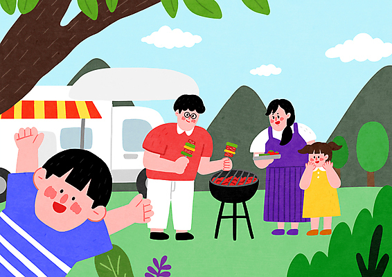 전신 PSD 나무 구름 접시 여자 남자 어린이 일러스트 가족 하늘 산 들기 소녀 소년 여러명 성인 여름 손들기 캠핑 풀 꼬치 그릴 바비큐 캠핑장 캠핑카 바베큐그릴 카라반 국내일러스트 자연요소 식물 식기 계절 음식 다수 관계 모션 자동차 주방용품 레저 사람 파일형식