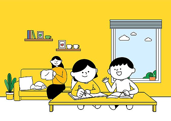 구름 응시 여자 어린이교육 남자 화분 어린이 액자 가사 일러스트 창문 탁자 엄마 들기 앉기 소녀 소년 상반신 책 세명 소파 연필 노란색 손들기 기록 홈스쿨링 언스쿨링 국내일러스트 AI파일 자연요소 시선 교육 컬러 가구 의자 가족 모션 학용품 사람 필기구 홈스쿨 파일형식 벡터