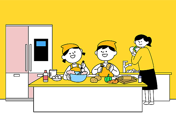 전신 그릇 여자 어린이교육 남자 어린이 음식 채소 일러스트 엄마 주방용품 두건 요리 들기 소녀 소년 상반신 성인 세명 노란색 주방 계란 앞치마 잡기 설거지 재료손질 거품기 냉장고 홈스쿨링 언스쿨링 국내일러스트 AI파일 식기 교육 컬러 생활용품 가사 가족 모션 사람 알 가전제품 손질 홈스쿨 파일형식 벡터