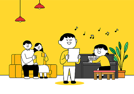 전신 여자 어린이교육 남자 화분 어린이 연주 일러스트 노래 가족 조명 서기 들기 앉기 소녀 소년 여러명 성인 컵 소파 노란색 피아노 연습 악보 홈스쿨링 언스쿨링 국내일러스트 AI파일 식기 교육 음악 컬러 다수 의자 관계 모션 사람 건반악기 홈스쿨 파일형식 벡터