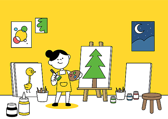 전신 여자 어린이교육 어린이 일러스트 창문 미술 한명 들기 소녀 노란색 물감 붓 그리기 팔레트 야간 이젤 그림 캔버스 미술교육 홈스쿨링 언스쿨링 국내일러스트 AI파일 자연요소 1 교육 컬러 모션 문화예술 사람 미술도구 홈스쿨 파일형식 벡터