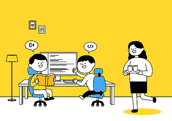 전신 여자 어린이교육 남자 어린이 말풍선 일러스트 쟁반 대화 들기 앉기 소년 책 세명 컴퓨터 노란색 모니터 스탠드 음료수컵 컴퓨터교육 홈스쿨링 코딩 언스쿨링 국내일러스트 AI파일 교육 컬러 모션 조명 말하기 사람 컵 전자제품 홈스쿨 파일형식 벡터