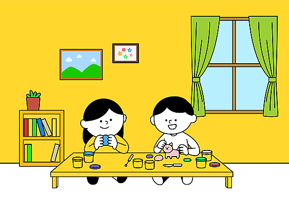 여자 어린이교육 남자 화분 어린이 액자 일러스트 창문 책장 들기 앉기 소녀 소년 상반신 두명 책 노란색 커튼 책상 만들기 점토 점토놀이 찰흙인형 홈스쿨링 언스쿨링 국내일러스트 AI파일 교육 인형 컬러 가구 모션 놀이 사람 홈스쿨 파일형식 벡터