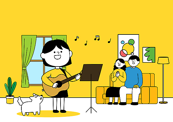전신 응시 여자 어린이교육 남자 화분 반려견 어린이 연주 음표 일러스트 노래 창문 가족 소녀 성인 세명 소파 노란색 기타 커튼 보면대 강아지 손모으기 홈스쿨링 언스쿨링 국내일러스트 AI파일 기호 시선 교육 음악 컬러 의자 관계 현악기 사람 손짓 반려동물 개 홈스쿨 파일형식 벡터