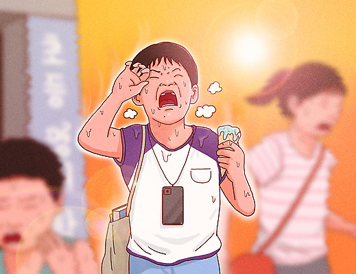 PSD 여자 남자 초등학생 어린이 일러스트 날씨 아이스크림 책가방 소녀 소년 상반신 세명 여름 스마트폰 주황색 짜증 더위 괴로움 땀 학원 매기 기후변화 손부채 힘듦 어린이만 땀흘리기 국내일러스트 녹이기 학생 계절 교육 감정 컬러 컨셉 가방 모션 디저트 사람 핸드폰 스마트기기 변화 파일형식