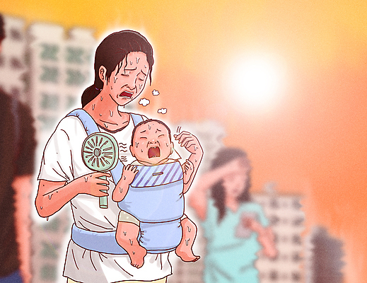 전신 PSD 여자 남자 일러스트 엄마 날씨 아파트 여러명 상반신 성인 여름 부모 햇빛 주황색 고통 아기 더위 위험 괴로움 땀 기후변화 손부채 힘듦 아기띠 손풍기 땀흘리기 국내일러스트 계절 감정 컬러 다수 컨셉 가족 주택 사람 태양 아기용품 선풍기 변화 휴대용 파일형식