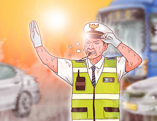 PSD 남자 도로 교통 일러스트 자동차 날씨 버스 한명 상반신 성인 여름 햇빛 손들기 주황색 고통 짜증 잡기 찡그림 더위 물기 호루라기 괴로움 땀 경찰복 경찰모자 교통경찰 교통정리 기후변화 수신호 힘듦 성인남자한명만 땀흘리기 국내일러스트 모자_잡화 1 계절 감정 길 육상교통 컬러 컨셉 유니폼 교통시설 모션 대중교통 표정 사람 태양 변화 경찰 남자한명만 성인남자만 파일형식