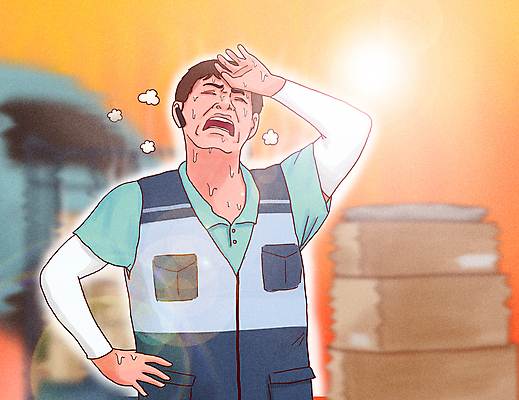 PSD 남자 일러스트 건강 한명 상반신 성인 여름 햇빛 손들기 주황색 고통 찡그림 택배기사 더위 택배 괴로움 고개들기 땀 택배상자 기후변화 무선이어폰 배달상자 팔토시 힘듦 손짚기 성인남자한명만 땀흘리기 탑차 국내일러스트 1 계절 감정 컬러 이어폰 컨셉 모션 날씨 표정 사람 손짓 상자 태양 트럭 운송업 변화 배달원 토시 남자한명만 성인남자만 파일형식