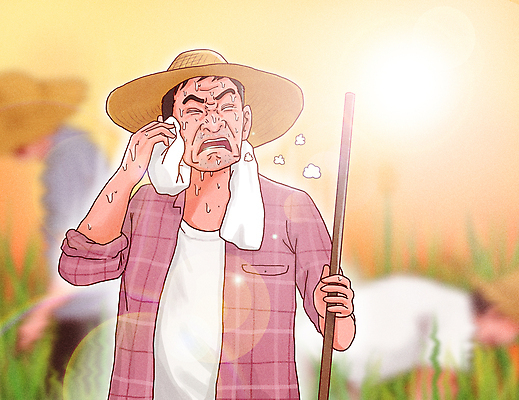 PSD 남자 밭 일러스트 들기 상반신 성인 세명 여름 수건 햇빛 농사 주황색 고통 짜증 잡기 풀 찡그림 농부 더위 농기구 괴로움 밀짚모자 땀 닦기 기후변화 밭일 힘듦 성인만 땀흘리기 국내일러스트 식물 직업 모자_잡화 계절 감정 컬러 컨셉 농업 모션 날씨 표정 사람 위생용품 태양 변화 파일형식