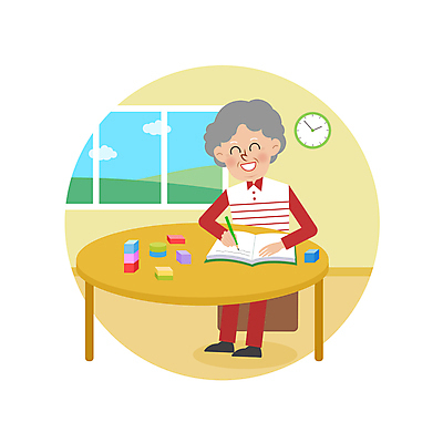 전신 여자 노년 할머니 일러스트 창문 한명 웃음 앉기 치료 책 연필 블록 기록 책상 벽시계 즐거움 노후건강 치매 노인여자한명만 치매예방 국내일러스트 AI파일 1 감정 시계 가구 의학 모션 학용품 표정 건강 사람 성인 노후 필기구 질병 예방 여자한명만 노인여자만 파일형식 벡터