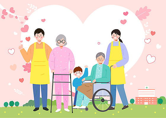 전신 여자 할아버지 노년 남자 행복 할머니 어린이 분홍색 일러스트 함께함 병원 사랑 서기 앉기 소년 여러명 성인 앞치마 하트 잡기 휠체어 손인사 환자복 보호자 손하트 도우미 돌봄 보행기 안경낌 돌봄서비스 국내일러스트 AI파일 모양 옷 감정 안경 컬러 다수 컨셉 의학 모션 사람 손짓 환자 인사 서비스 파일형식 벡터
