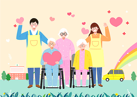 전신 여자 할아버지 노년 남자 행복 할머니 무지개 일러스트 자동차 함께함 병원 서기 웃음 들기 앉기 여러명 성인 손들기 앞치마 하트 휠체어 손인사 환자복 사회복지사 도우미 돌봄 안경낌 돌봄서비스 국내일러스트 AI파일 자연요소 모양 직업 옷 감정 안경 육상교통 다수 컨셉 의학 모션 표정 사람 환자 인사 사회복지 서비스 파일형식 벡터
