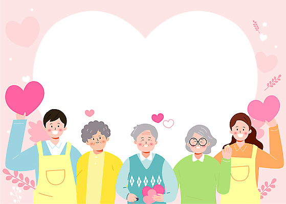 여자 할아버지 노년 남자 행복 할머니 분홍색 일러스트 프레임 함께함 사랑 웃음 들기 여러명 상반신 성인 앞치마 하트 사회복지사 도우미 돌봄 안경낌 돌봄서비스 국내일러스트 AI파일 모양 직업 감정 안경 컬러 다수 컨셉 모션 표정 사람 사회복지 서비스 파일형식 벡터