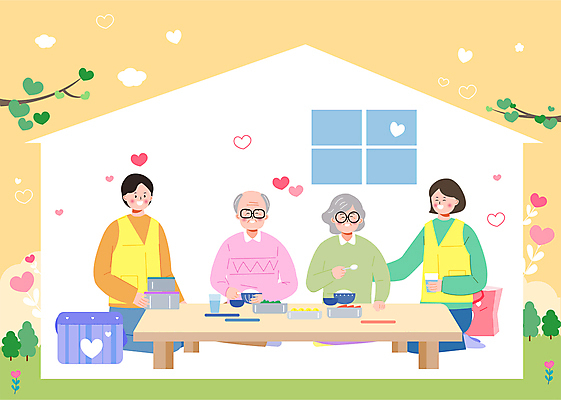 전신 여자 노년 남자 행복 일러스트 창문 식탁 함께함 들기 앉기 여러명 성인 식사 나뭇가지 하트 먹기 즐거움 방문 사회복지사 도시락가방 도시락통 도우미 돌봄 하트꽃 집모양 안경낌 돌봄서비스 국내일러스트 AI파일 모양 나무 직업 꽃 감정 안경 다수 컨셉 가방 모션 탁자 사람 용기_그릇 사회복지 서비스 파일형식 벡터