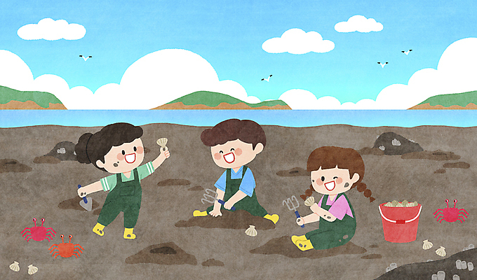 전신 PSD 구름 여자 남자 어린이 바다 섬 일러스트 갈매기 하늘 조개 작업복 윙크 서기 들기 앉기 소녀 소년 세명 꽃게 체험학습 체험 수집 모종삽 양동이 즐거움 갯벌 갈퀴 괭이 어린이만 국내일러스트 자연요소 옷 감정 컨셉 모션 조류 어패류 표정 사람 게 삽 파일형식