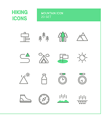 나무 아이콘 시계 산 텐트 사람없음 초록색 여름 햇빛 등산 캠핑 깃발 표지판 뜨거움 숲 나침반 물병 라인아이콘 등산용품 등산화 등산로 주의사항 2D아이콘 AI파일 식물 계절 컬러 신발 레저 알림판 캠핑도구 주의 태양 트래킹 물통 레포츠용품 파일형식 벡터